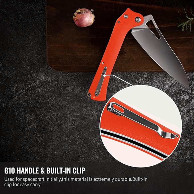 Folding Kitchen Chef Knife, 5.49" Foldable Camping Knife with 10cr15mov Stainless Steel Blade, Anti-skidding and Ergonomic Designed G10 Handle for both Indoor and Outdoor Cooking
