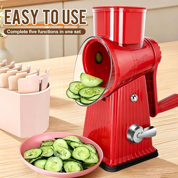 Rotary Cheese Grater with 5 Well-designed Blades & Strong Suction Base, Kitchen Mandoline Vegetable Slicer with Blade Storage Box (RED)
