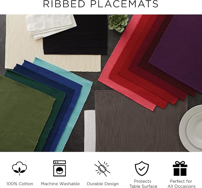 DII Basic Everyday Ribbed Tabletop 100% Cotton, Placemat Set, 13x19, Barn Red, 6 Piece