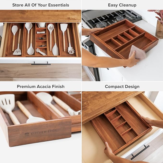 Utensil & Junk Drawer Organizer, 16-28 in, Acacia | Food-safe contract grade, 100% sustainable wood, non-slip, adjustable