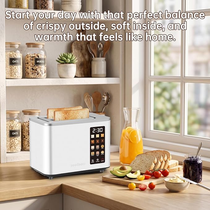 SEEDEEM 2 Slice Toaster with Full Touch Screen, Stainless Steel, 6 Bread Types & 6 Shade Settings, Countdown Display, Removable Crumb Tray, 900W, White