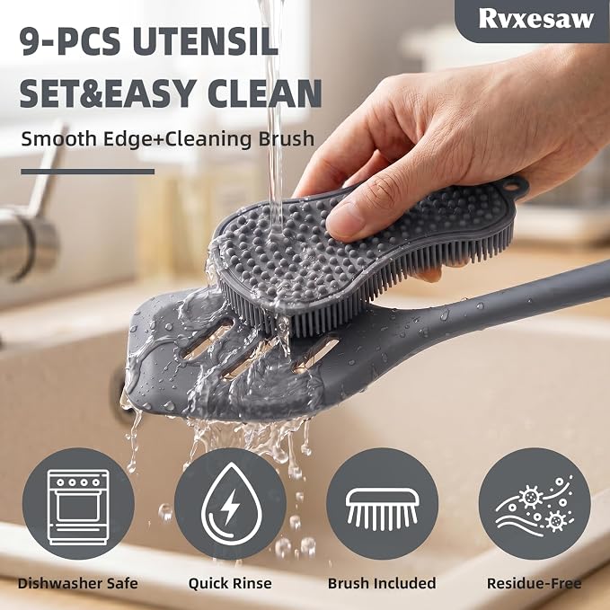 Kitchen Utensils Set,9 PCS Silicone Cooking Utensils Set Spatula Set,Tongs,Spoon,Whisk,Brush,Dishwasher Safe Kitchen Gadgets for Non-Stick Cookware,Home Essential，Kitchen Appliances Tool(Gray)