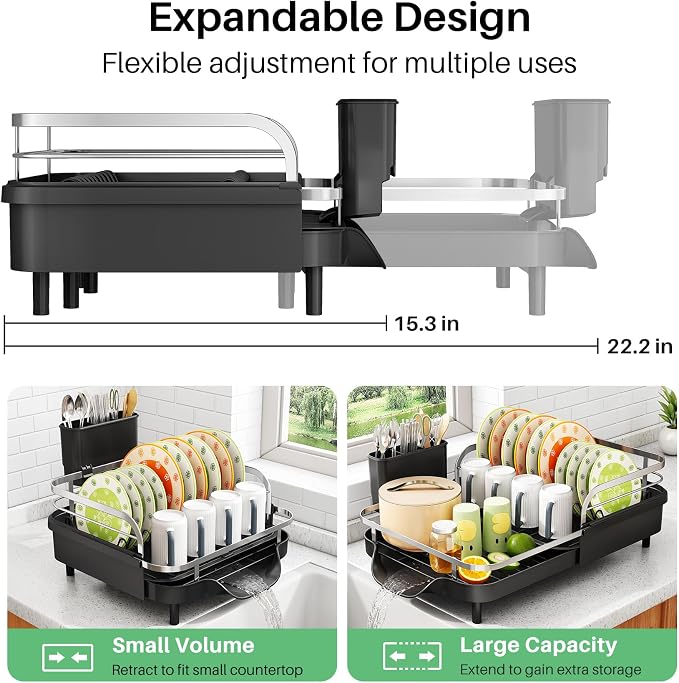 SAYZH Expandable Dish Drying Rack for Small Kitchen Counter, Black | Stainless Steel, Protective Guardrail, Angled Drainboard, Fits High-Rim Sinks, Removable Utensil Holder