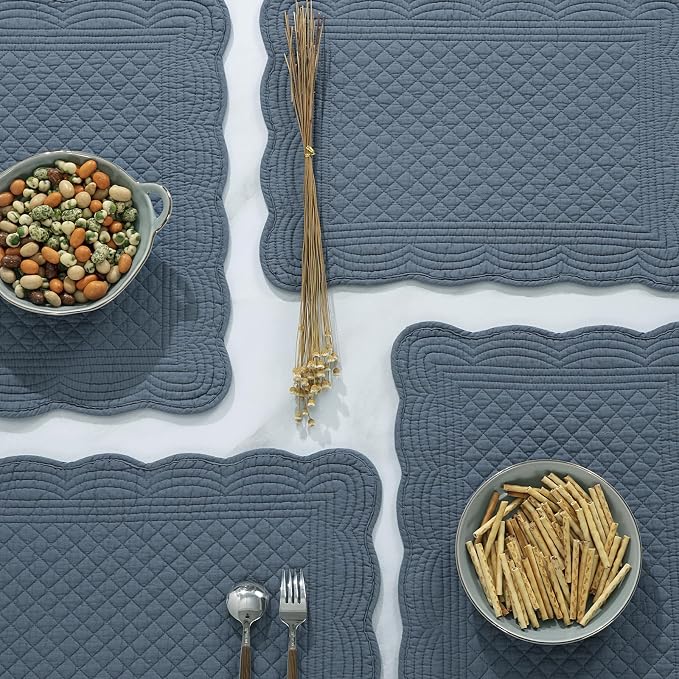 HOMBYS Quilted Placemats Set of 6 Washable-13x18 inches Rectangular Placemats for Kitchen Table-100% Cotton Fabric Rectangular Table Mats, (Blue)