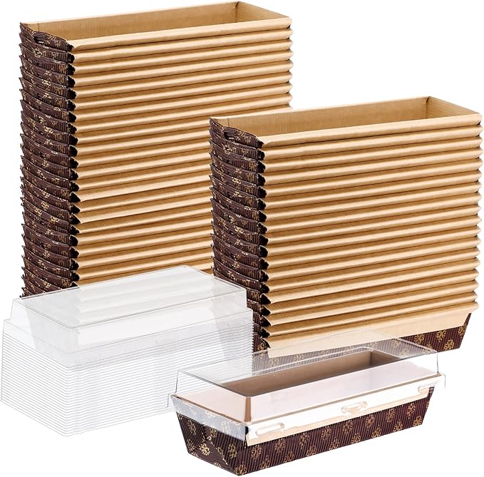 50 Pcs Paper Baking Loaf Pan with Lids Disposable Paper Pans Mold for Christmas Winter Birthday Cake Bread Bakery Holiday Gifts(7.87 x 2.55 x 1.94 Inches)