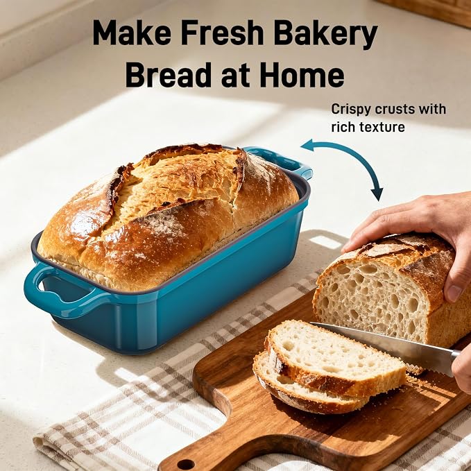 Enameled Cast Iron Sourdough Bread Dutch Oven, 8.5x4.5 Inch Loaf Cast Iron Bread Pan for Homemade Bread Baking, Sourdough Baking Pans, Meatloaf Pan with Lid, 2 Piece set, Emerald