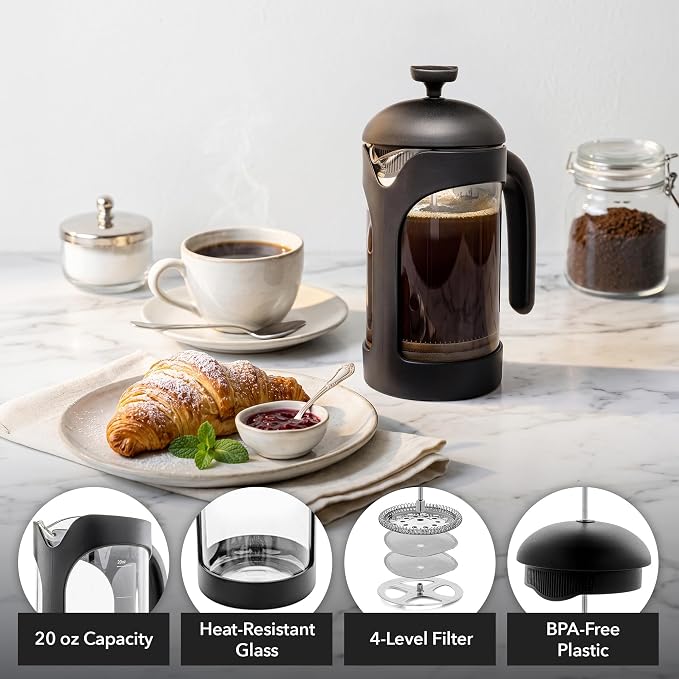 OVENTE 20oz French Press Coffee Maker with 4-Level Filtration, Black FPB20B | Heat Resistant Borosilicate Glass Pot, Dishwasher Safe Stainless Steel Filter, Portable Cafetiere for Travel, Camping or Gift