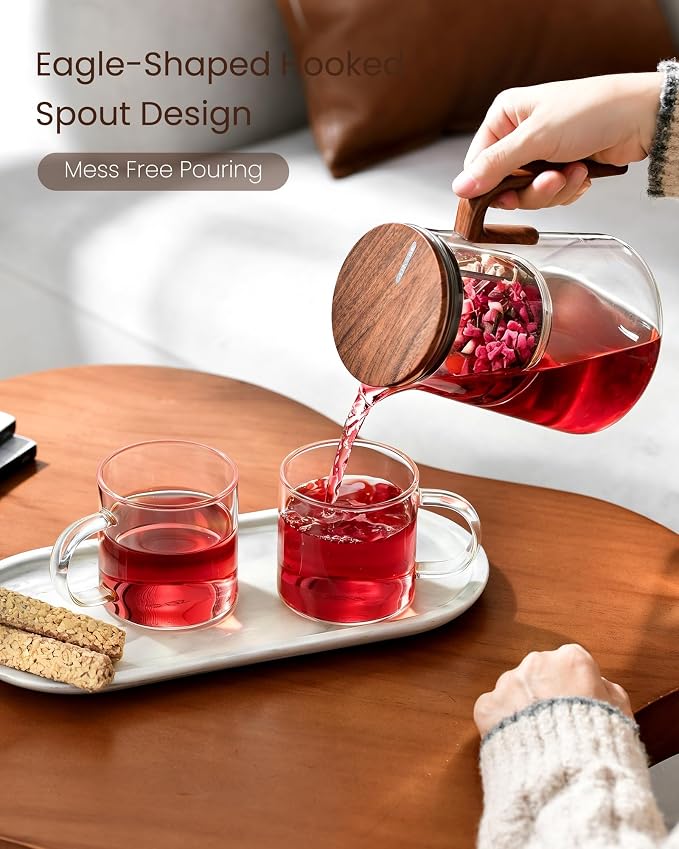 ZENS Magnetic Glass Teapot with Infuser and 2 Cups for Loose Tea, 34oz | Enchanti Magnetic Teapot, Magic Mess Free Loose Leaf Tea Steeper for Tea Lovers Gift, Walnut Pattern