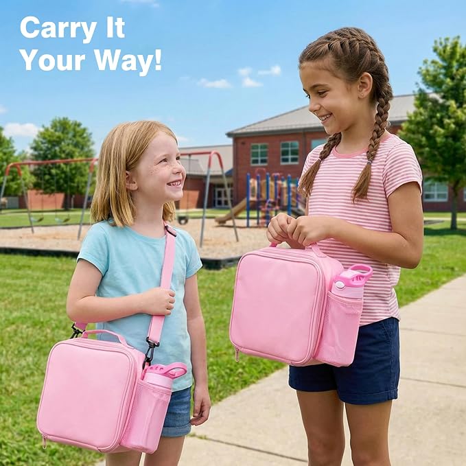 HOMEKOL Bento Lunch Box Set for Kids, Pink | with Stainless Steel Insulated Food Jar, Plastic Water Bottle, Bag and Silicone Spoon and Fork for Boys Girls