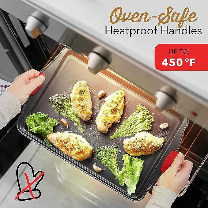 Baking Sheet Set - Cookie Sheet Set with Silicone Handles - Steel Baking Pans Set - Durable Baking Sheets for Oven - BPA Free Cookie Sheets for Baking Nonstick Set - 15 Piece Set, Black
