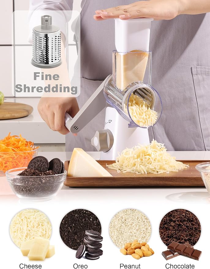 GDL Cheese Grater Hand Crank, Rotary Cheese shredder, Vegetable Slicer | 3 Stainless Steel Blades, 12x Fast Cutting, Non-slip Suction Base, No BPA, Dishwasher Safe, Easy Use for Cheese, Veggies, Nut