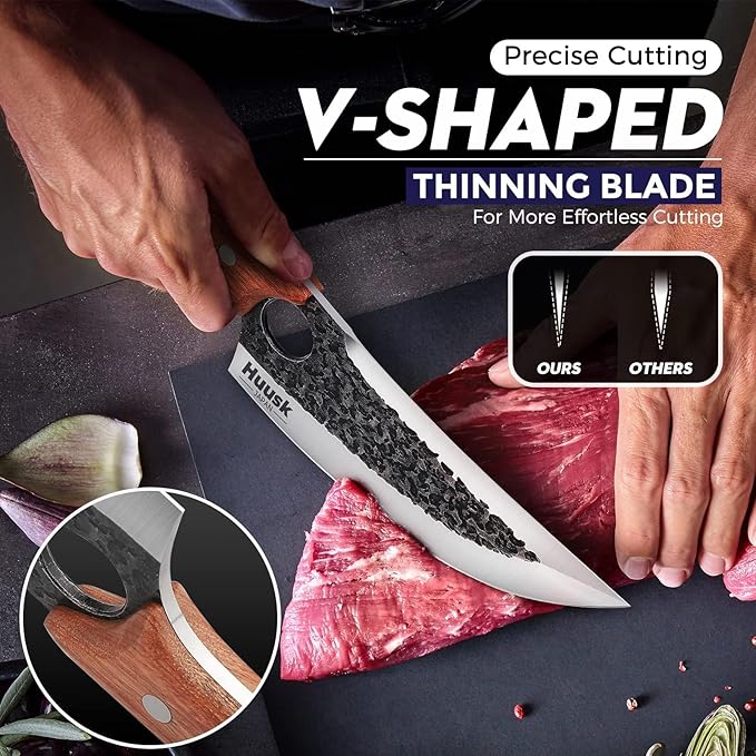 Huusk Viking Knife with Leather Sheath, Hand Forged Butcher Chef Knives | Razor-sharp Japanese Carbon Steel Meat Cutting Knife with Wood Handle for BBQ, Camping & Kitchen, Cool Gifts for Men & Dad