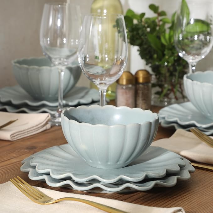 Gibson Elite Bistro Fleur Plates and Bowls Sets, 12-Piece Stoneware Dinnerware Set for 4, Sage Blue Scalloped Dish Set with Dinner Plates, Salad Plates & Bowls