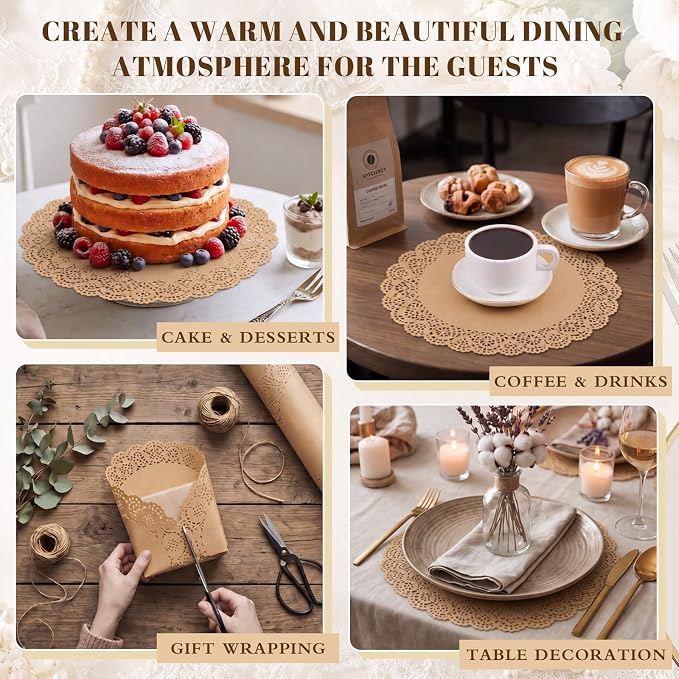 Gueevin 200 Pcs Paper Placemats Disposable Lace Round Paper Placemats Decorative Disposable Placemat Doilies for Dining Wedding Table Decoration Festive Party Birthday Holiday (Kraft,12 Inch)