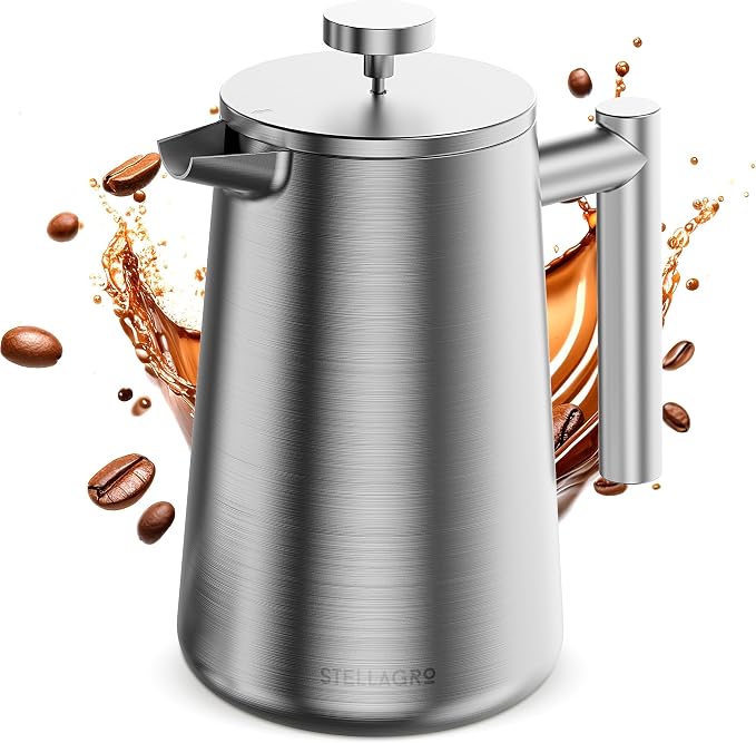 French Press Coffee Maker, Stainless Steel French Press 34 Oz / 1L, Double Wall Insulated Coffee Press with 3 Extra Mesh Filters, Metal Coffee Maker for Coffee & Tea, Satin Finish, Silver