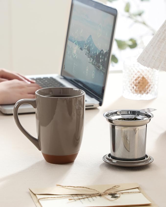 MALACASA Ceramic Tea Mug with Lid and Stainless Steel Infuser, 18 oz Large Tea Cup for Loose Leaf Tea, Heat-Resistant, Microwave & Dishwasher Safe, Speckled Glaze Coffee & Tea Brewer Mug, Khaki Brown