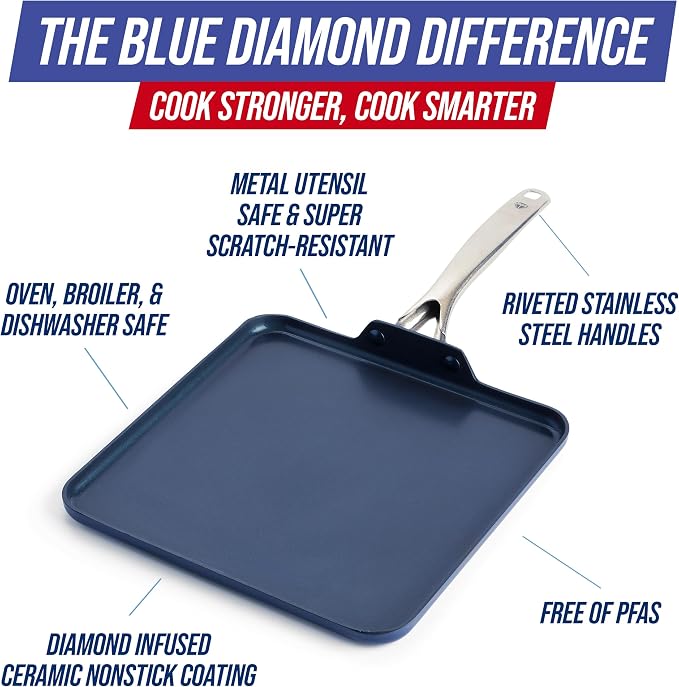 Blue Diamond 11" Diamond Infused Ceramic Nonstick Square Griddle Pan, Blue | PFAS-Free Ceramic Nonstick, Dishwasher & Oven Safe, Stay Cool Handle, Durable Metal Utensil Safe, Pancake Pan