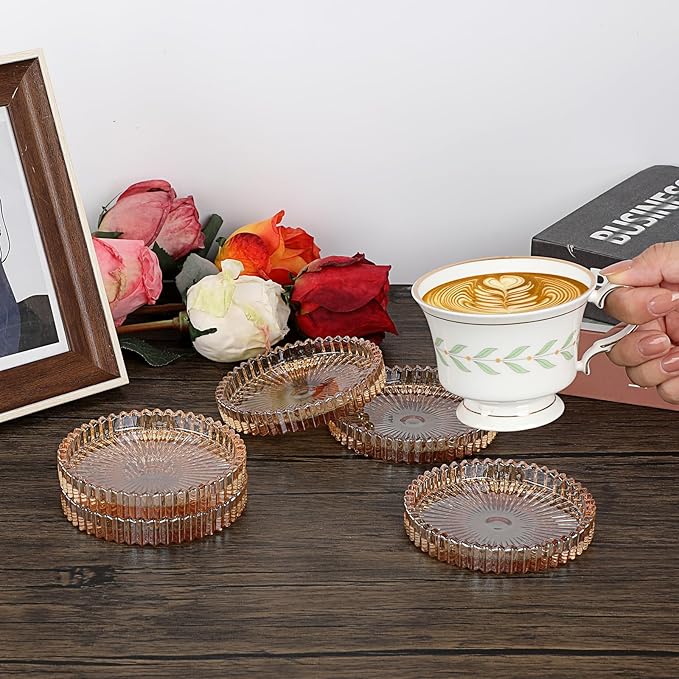 Modern Clear Coasters Set of 5- Glass Cute Coasters for Drinks, Amber | Crystal Coaster Round Chic Cup Mat Cute Coffee Table Coaster for Kitchen, Bar, Dining Room, Living Room, Patio