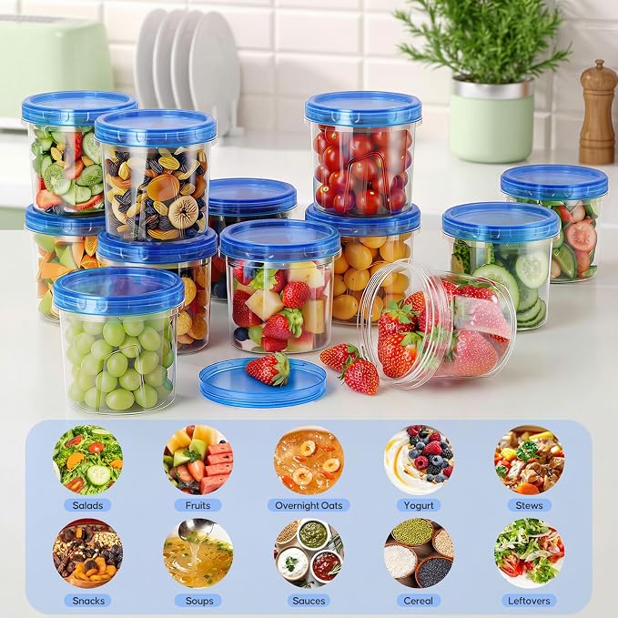 [12 Pack-24 Oz] Freezer Storage Containers Set, Small Plastic Containers with Twist Top Lids, Reusable Soup Containers for Meal Prep, Lunch, Leftovers