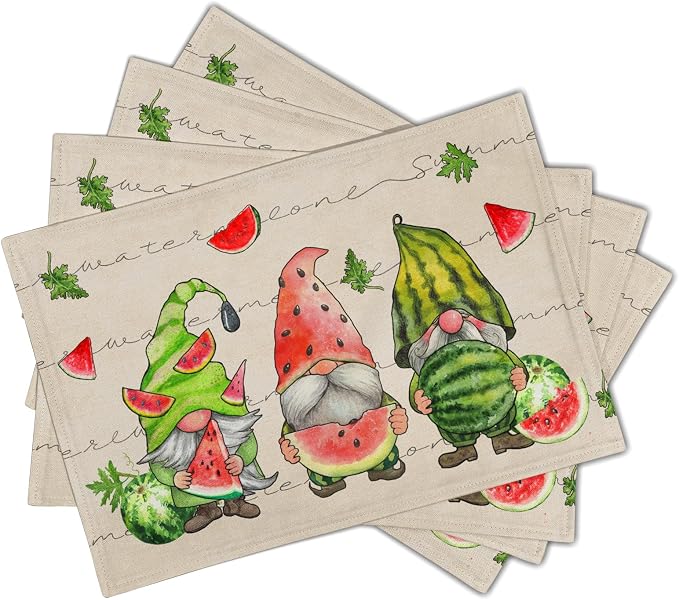 Summer Watermelon Gnomes Placemats Set of 4 12 x 18 Inch,Watercolor Red Watermelon Washable Kitchen Mats Seasonal Place Mat for Kitchen Dining Table Decor