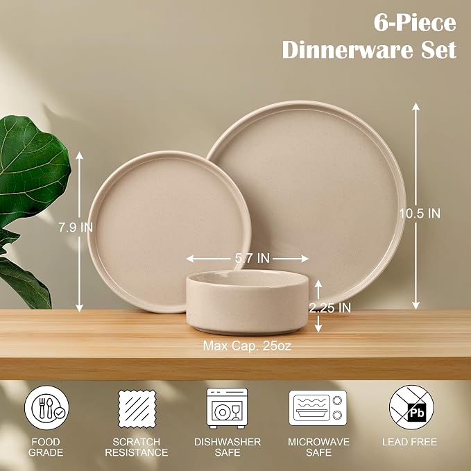 E-far 6-Piece Stoneware Dinnerware Sets, Plates and Bowls Set for 2, Khaki | Kitchen Modern Dishes Set for Everyday & Formal, Chip and Scratch Resistant, Microwave & Dishwasher Safe, Speckled Khaki
