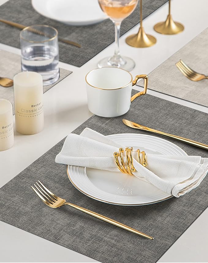 Leather Placemats Table Mats Set of 6, Light Grey & Smoky Grey | Reversible Non-Slip Table Placemats, Heat-Resistant and Waterproof for Dining Kitchen and Holiday Parties
