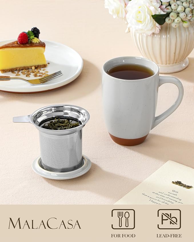 MALACASA Ceramic Tea Mug with Lid and Stainless Steel Infuser, 18 oz Large Tea Cup for Loose Leaf Tea, Heat-Resistant, Microwave & Dishwasher Safe, Speckled Glaze Coffee & Tea Brewer Mug, Khaki Gray