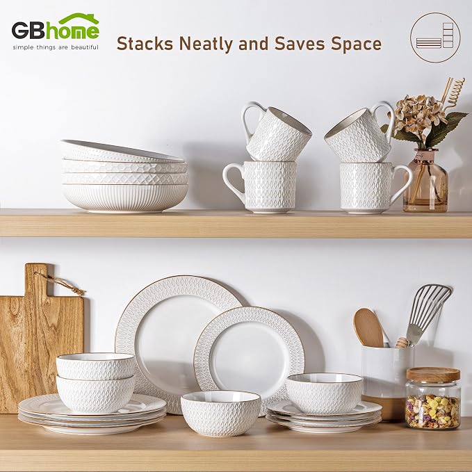 GBHOME Ceramic Dinnerware Sets of 8,24 pcs Plates and Bowls Sets Dishes | Embossed Elegant Stoneware Dishes Set | Dishwasher & Microwave Safe | Service for 4