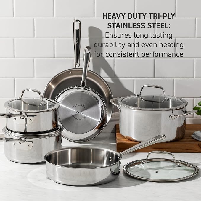 T-Fal Pro Tri-Ply Stainless Steel 6 qt Dutch Oven Pot with Lid, Induction | NSF professional grade, Glass lid traps moisture, Oven safe to 500 F, Braising and stewing use, Built-in measuring marks