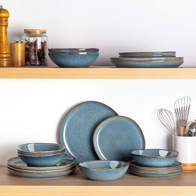 AmorArc Ceramic Dinnerware Sets for 6, 18Pcs Plates and Bowls Sets Dishes | Stoneware Handmade Reactive Glaze Dinner Set, Highly Scratch Resistant | Dishwasher & Microwave Safe Dishware