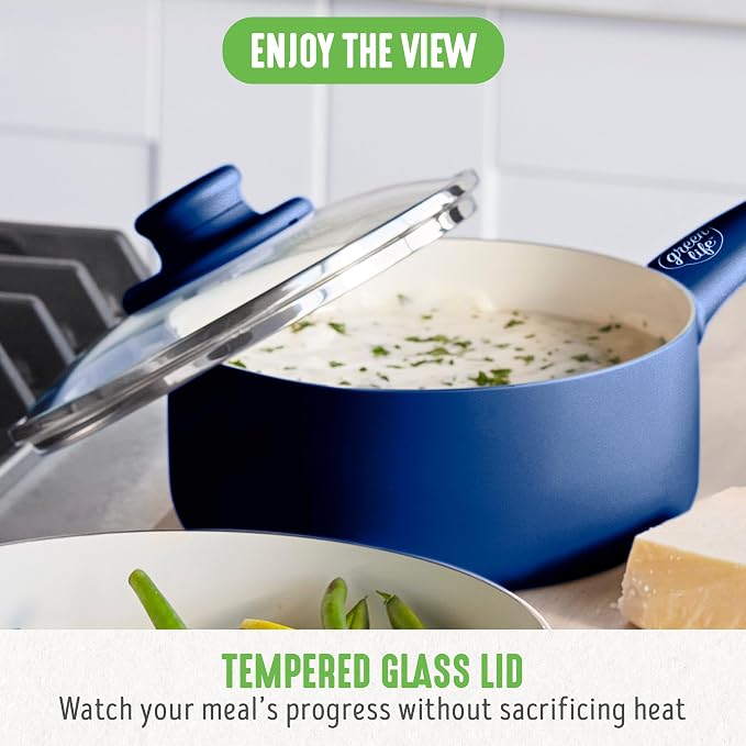 GreenLife 16 Piece Ceramic Nonstick Pots & Pans Cookware Set, Blue | PFAS-Free Nonstick Coating, Stockpot, Frying Pans, Saucepans, Sauté Pan, Stay-Cool Handles, Dishwasher & Oven Safe up to 350F