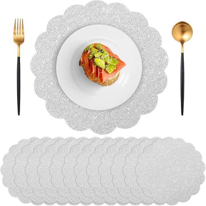 60 Pcs Silver Glitter Paper Placemats, Scalloped Disposable Placemat | 13.5 Inch Round Sparkle Table Place Mats Decorative Paper for Birthday Wedding Banquet Party