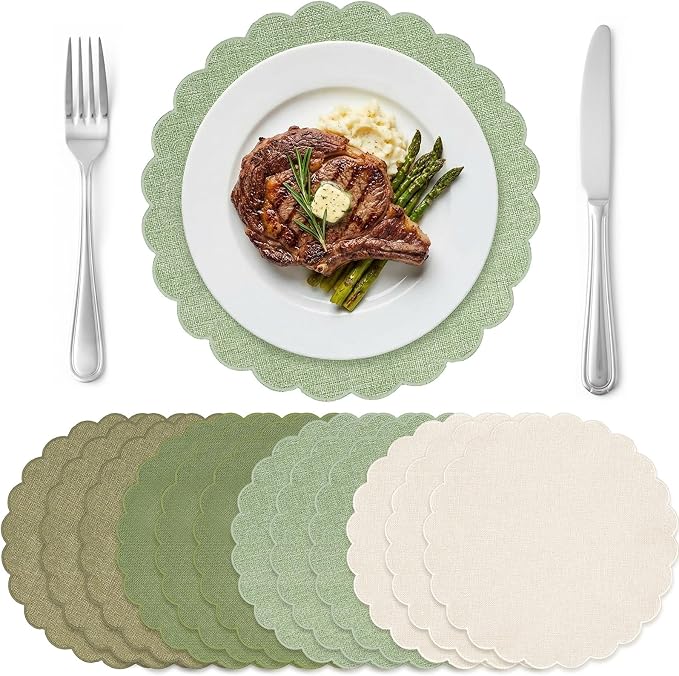 Set of 12 Green Cotton Placemats 15" Round Scalloped | Double Layered Cotton Fabric, Washable Embroidery, Classic Edge, Rustic Table Mats for Wedding Dining Table Decor