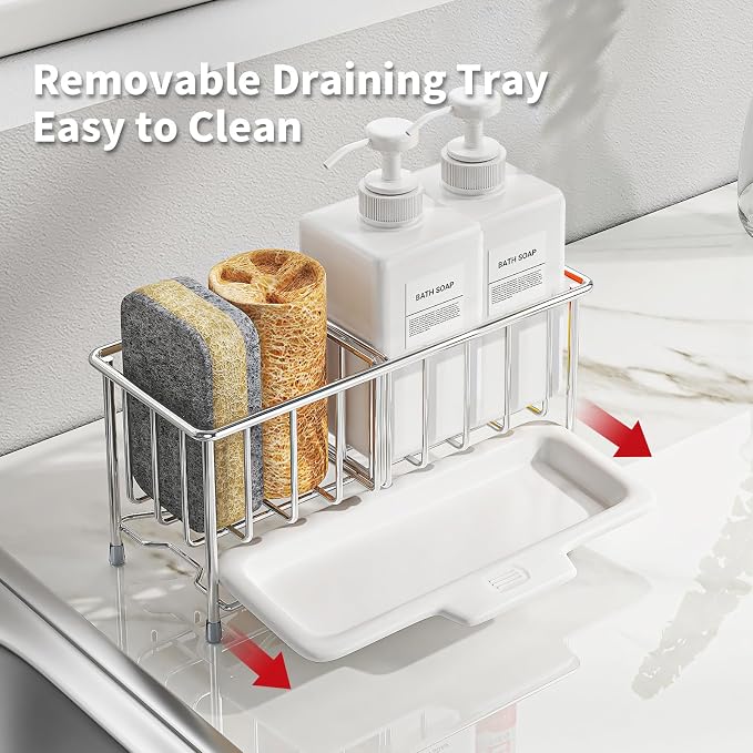 Kitchen Sink Sponge Holder, 304 Stainless Steel | Soap Dispenser Caddy Organize, Kitchen Sink Brush Caddy Holder with Removable Drain Tray