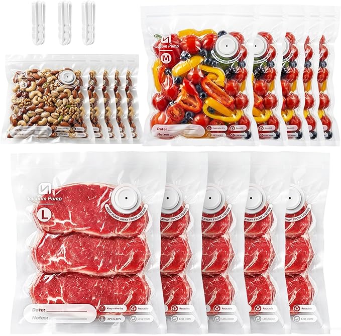 ShinePick Vacuum Sealer Bags for Food, Reusable Bags with Air Valve, Vacuum Bags for Food Saver, BPA-Free, Great for Storage, Meal Prep and Sous Vide (5L & 5M & 5S)