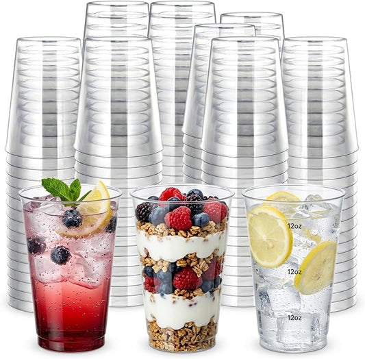 Byvivace 100Counts 12 OZ. Hard Plastic Cups Fancy Disposable Cups for Party, Clear Elegant Wedding Cups Disposable Wine Glasses for Wine, Juice, Cocktails and Cold Beverages
