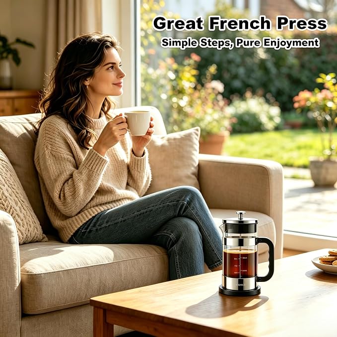QUQIYSO French Press Coffee Maker 34oz, Thickened Glass Coffee French Press | Stainless Steel Coffee Press, 4 Filter Easy to Clean, Cold Brew Coffee Maker, Suitable for Kitchen Party Gifts(Silver)