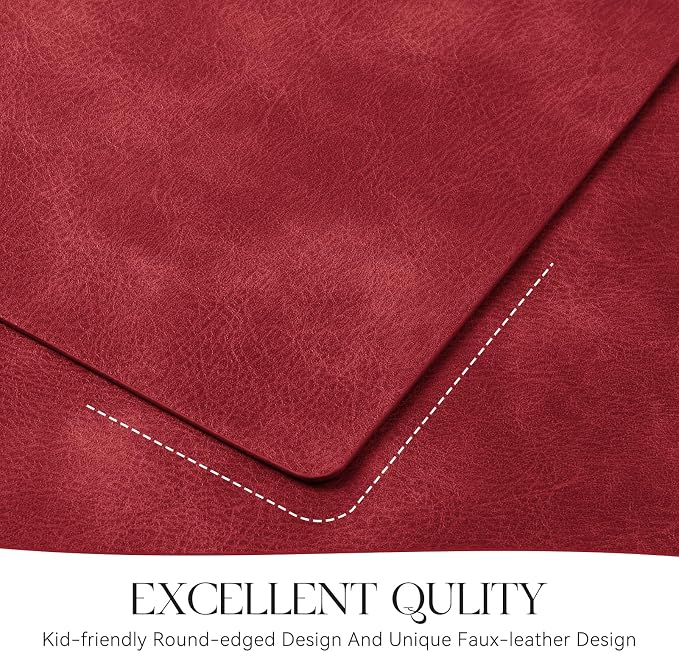 MOSAYT Vinyl Placemats Set of 8-12 X 17 Inch - Faux Leather 100% Waterproof Oil-Proof Wipeable PU Place Mats, Heat Resistant Reversible Table Mats for Kitchen, Dining, Outdoor, Red