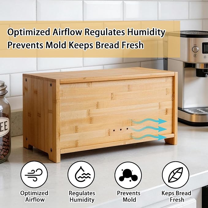 Bamboo Bread Box for Kitchen Countertop,Large Bread Storage Container with window,Modern Bread Storage Bin for Homemade Bread Organizer (Single Layer)