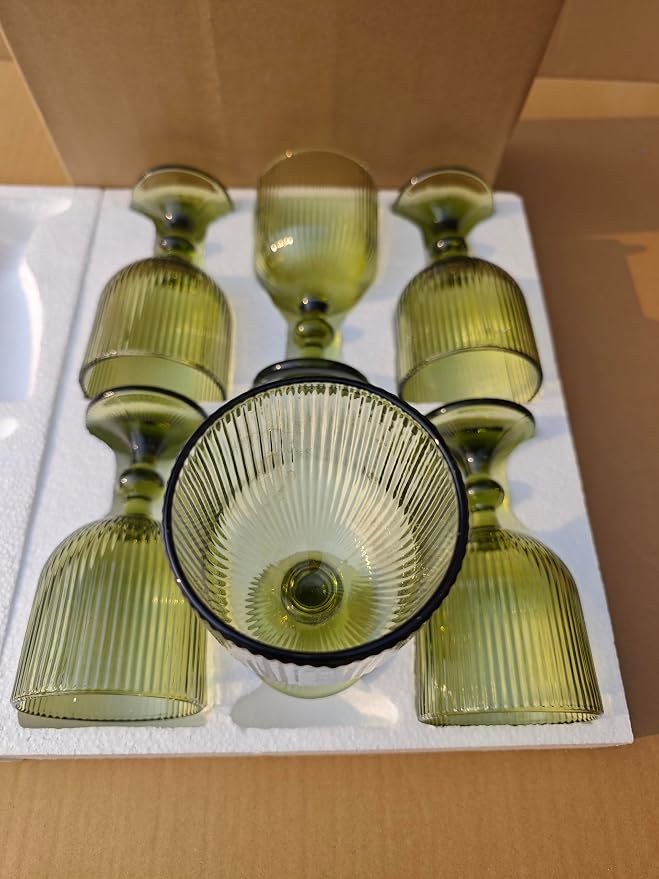 Vintage Green Wine Glasses Set of 6, 14 oz Green Goblets Glassware Drinking Glasses, Colored Glassware Wine Glasses for Beer, Water, Cocktail, Juice, Whiskey, Wedding Party Bar