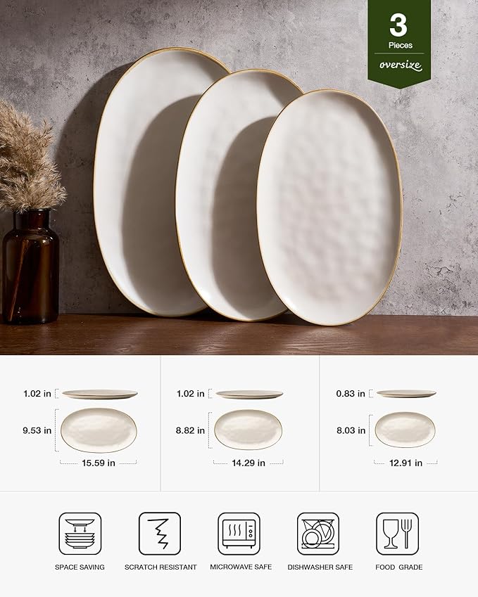 famiware Serving Platters Set of 3 Sizes - Oval, Matte White | 15.59"/14.3"/12.9" Fine Stoneware Serving Trays for Party, Entertaining for Food, Turkey, Cheese, Microwave Dishwasher Safe