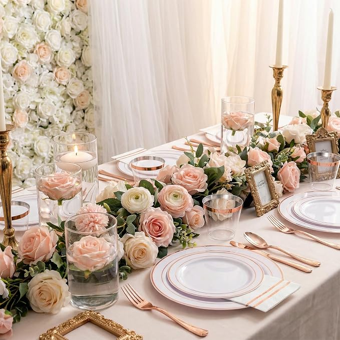 GATHER 350PCS Rose Gold Plastic Plates for Wedding Birthday Party | White and Rose Gold Disposable Dinnerware Set include 100 Plastic Plates, 150 Silverware, 50 Napkins, 50 Cups for Baby Shower