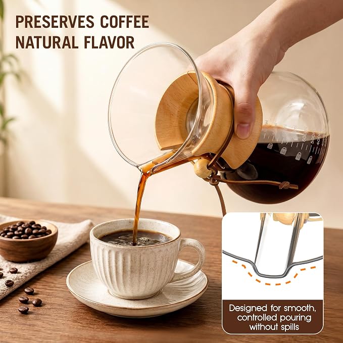 Pour Over Coffee Maker 34oz (1000ml), Borosilicate Glass Carafe with Wooden Handle & Round Body, Double Layer Stainless Steel Filter, Drip Coffee Brewer for Home Camping Hiking