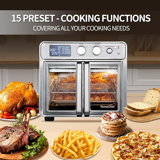 TomaChef 26QT French Door Air Fryer Oven Combo, 15-in-1 | 15 Cooking Functions and Digital Controls, 30 Recipes & 5 Accessories, Stainless Steel Finish