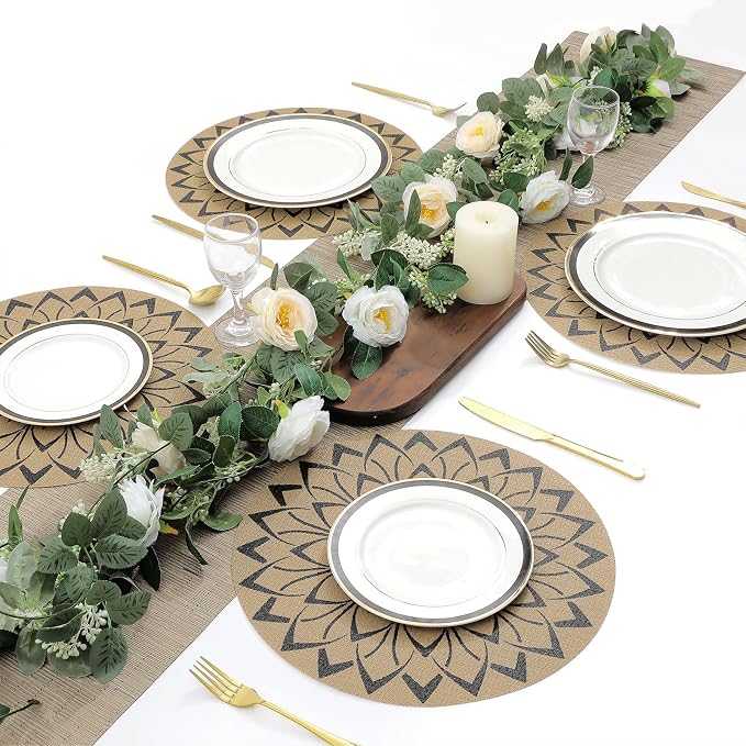 SHACOS 15 inch Round Vinly Placemats Set of 6 Boho Flower Print Place Mats Wipeable Non Slip Stain Heat Resistant Woven Table Mats Indoor Outdoor (6, Round Flower Black)