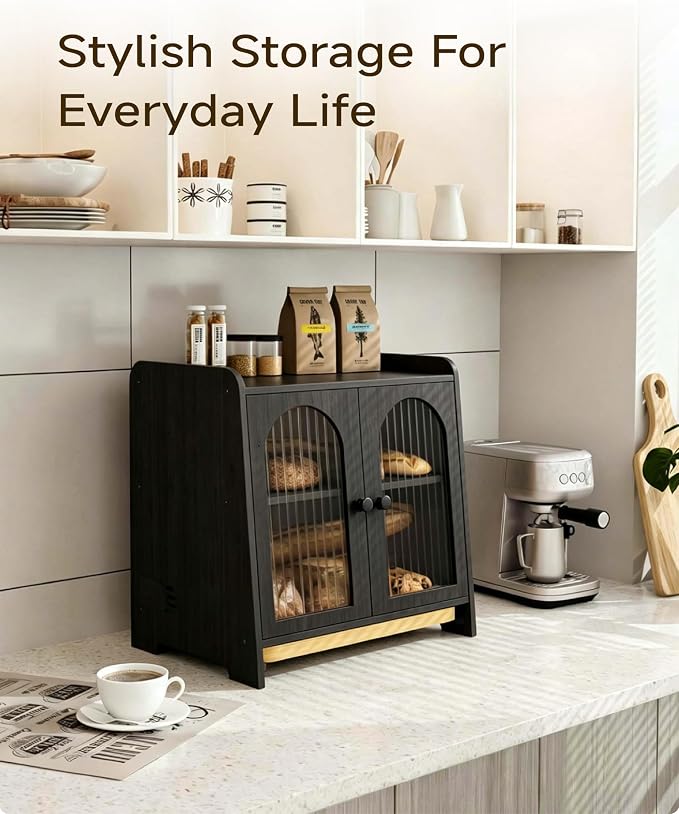 Bread Box for Kitchen Countertop, Large Double Layer Wooden Bread Storage Container with Acrylic Window, Adjustable Air Vents & Built-In Cutting Board, Pantry Organizer, Black