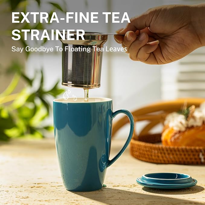 Sweese 15 OZ Porcelain Tea Mug with Infuser and Lid, Loose Leaf Tea Cup, Gifts for Tea Lover, Steel Blue
