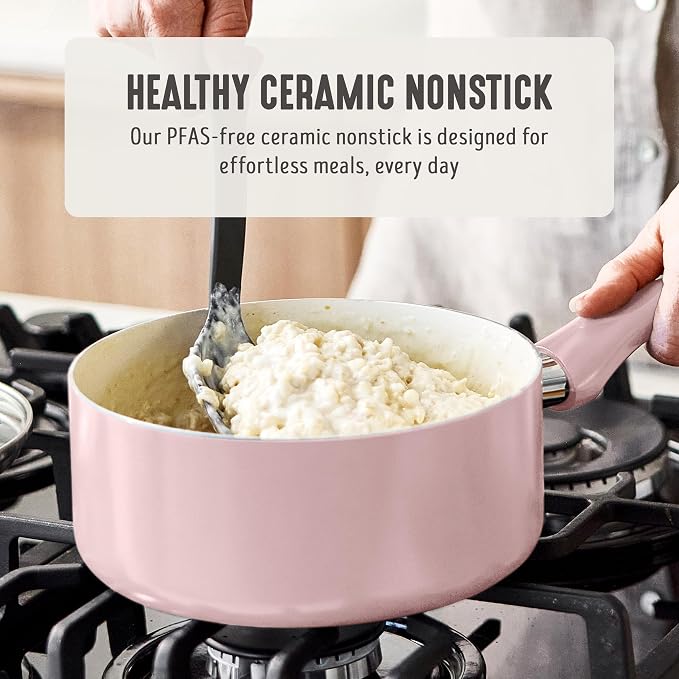 GreenLife 2QT Ceramic Nonstick Saucepan with Lid, Blush Pink | PFAS-Free Ceramic Nonstick Coating, Soup Pot, Induction Ready, All Stovetop Compatible, Stay-Cool Handles, Dishwasher Safe