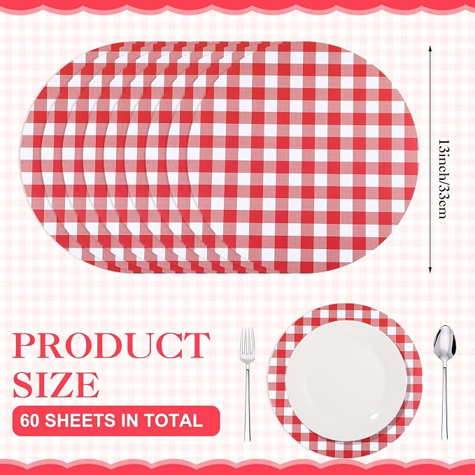 Funnymoom 60 Pcs Red and White Gingham Disposable Paper Placemats Round Table Place Mat Summer Checkered Decorative Paper for Baby Shower Wedding Birthday Party Dinner Table Decor