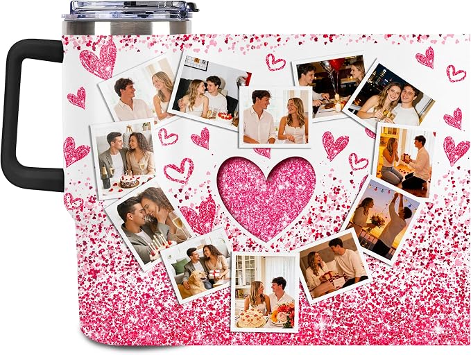 Personalized Tumbler Custom Vacuum Insulated Travel Mug Customizable Coffee Cup with Your Photos and Text Christmas Birthday Gift (Heart Shaped Photo)